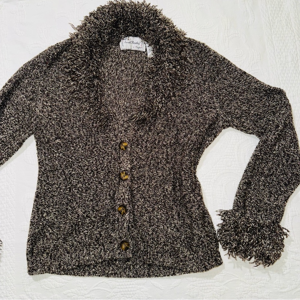 Vintage Sweater Cardigan Brown W Fringe Cuffs & Collar Authentic Sara Bentley